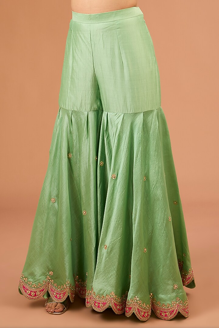 Sea Green Spun Silk Marori Work Wedding Sharara Set by SURBHI SHAH at Pernia's Pop Up Shop