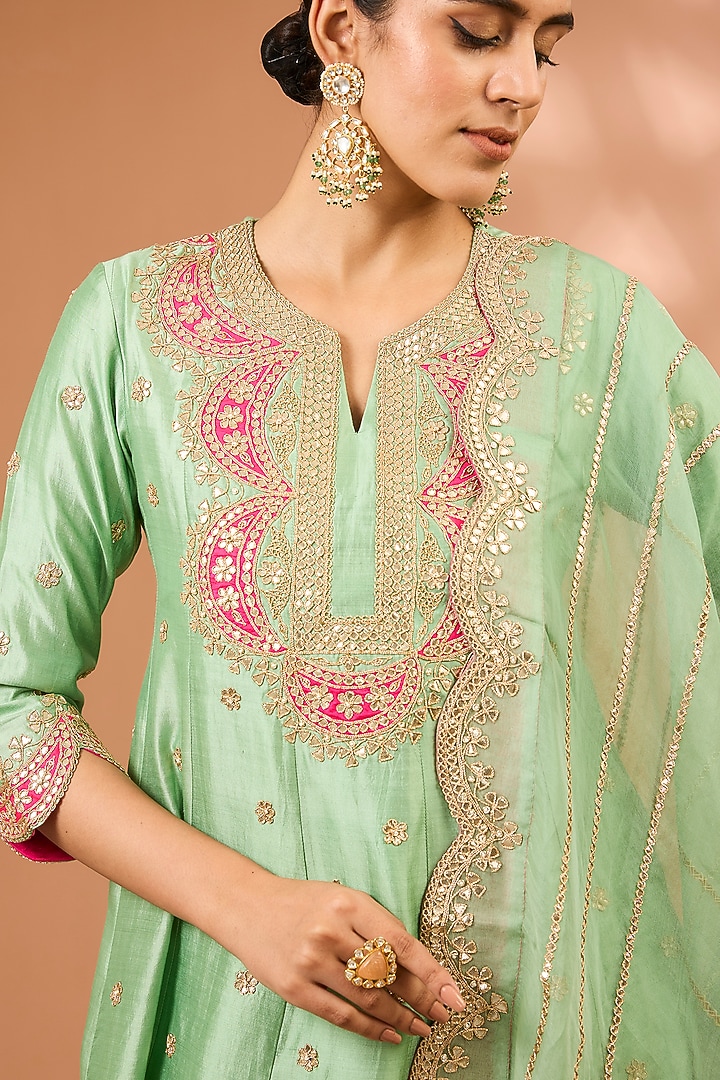 Sea Green Spun Silk Marori Work Wedding Sharara Set by SURBHI SHAH at Pernia's Pop Up Shop