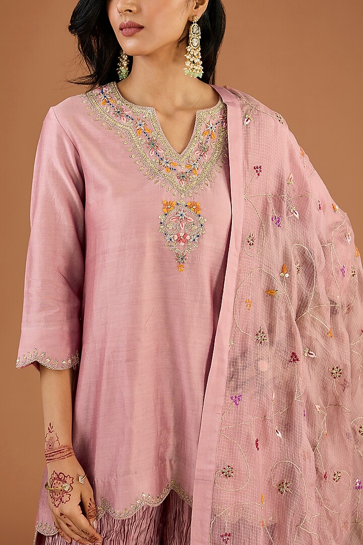 Powder Pink Chanderi Crushed Wedding Sharara Set by SURBHI SHAH at Pernia's Pop Up Shop