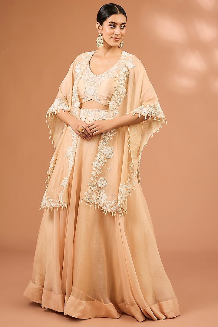 Champagne Organza Pearl Work Handcrafted Cape Set by SURBHI SHAH at Pernia's Pop Up Shop