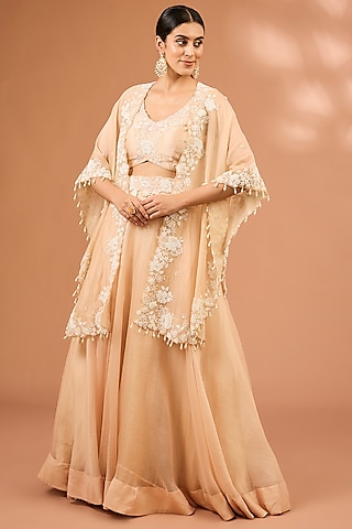 Champagne Organza Pearl Work Handcrafted Cape Set by SURBHI SHAH