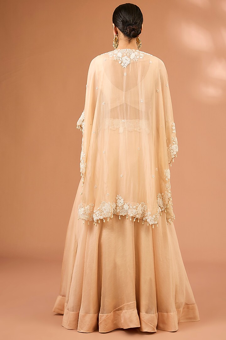 Champagne Organza Pearl Work Handcrafted Cape Set by SURBHI SHAH at Pernia's Pop Up Shop