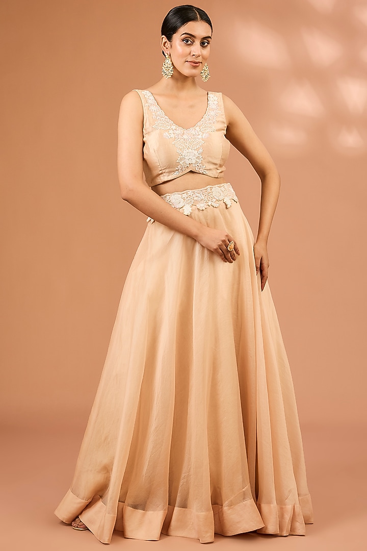 Champagne Organza Pearl Work Handcrafted Cape Set by SURBHI SHAH at Pernia's Pop Up Shop