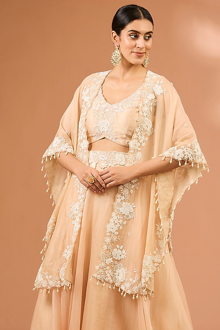 Champagne Organza Pearl Work Handcrafted Cape Set by SURBHI SHAH at Pernia's Pop Up Shop