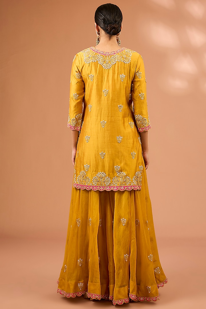 Mustard Yellow Organza Patch Marori Work Wedding Sharara Set by SURBHI SHAH at Pernia's Pop Up Shop