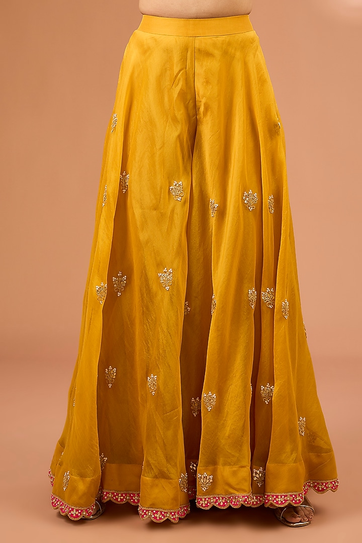 Mustard Yellow Organza Patch Marori Work Wedding Sharara Set by SURBHI SHAH at Pernia's Pop Up Shop
