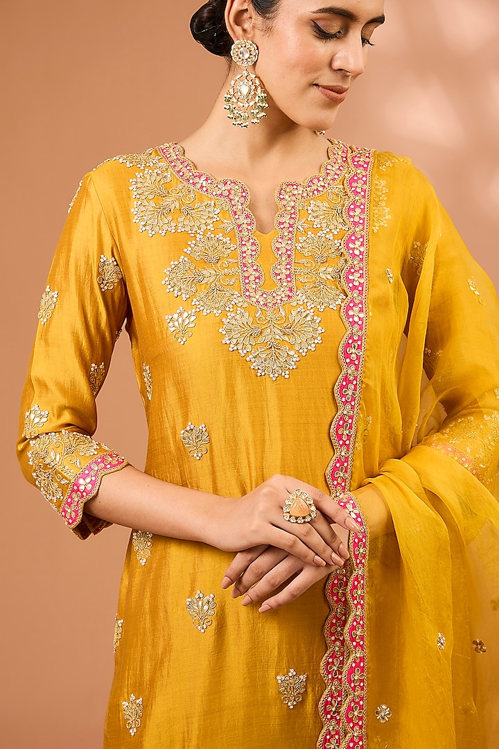 Mustard Yellow Organza Patch Marori Work Wedding Sharara Set by SURBHI SHAH at Pernia's Pop Up Shop