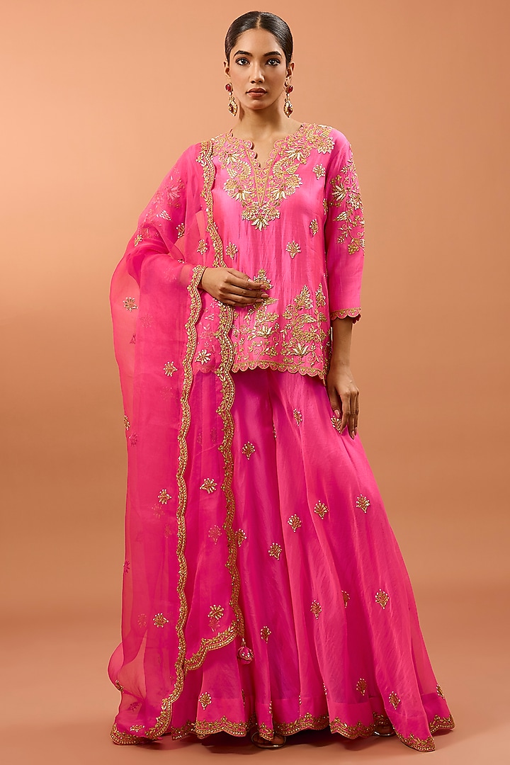 Strawberry Pink Organza Sharara Set by SURBHI SHAH at Pernia's Pop Up Shop