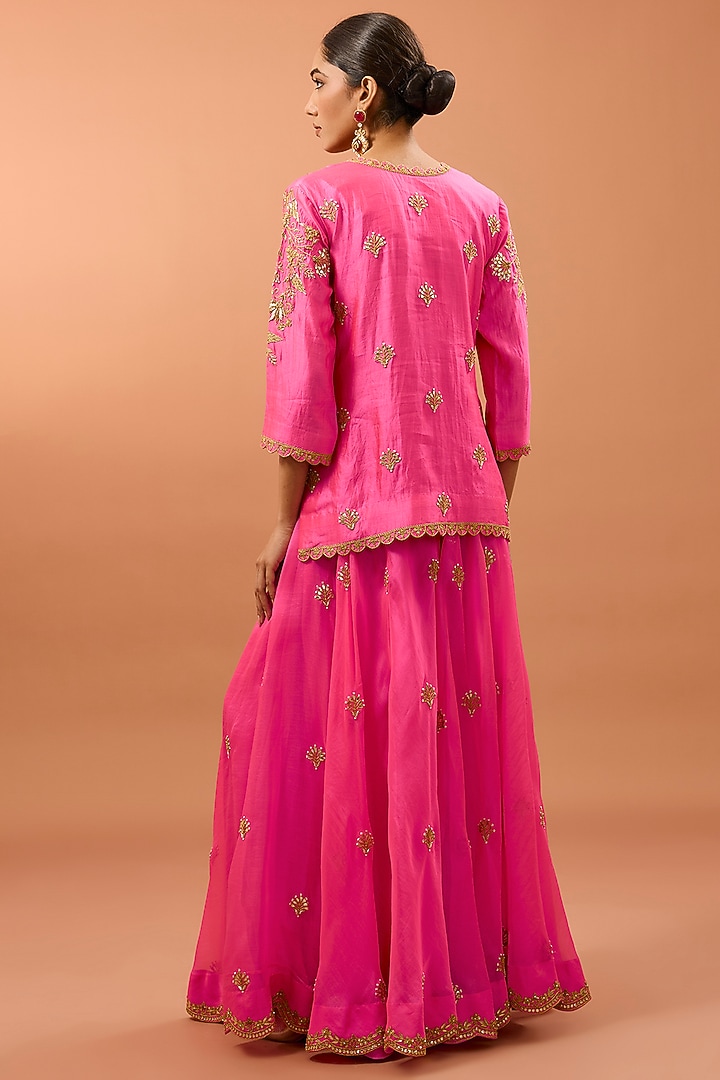 Strawberry Pink Organza Wedding Sharara Set by SURBHI SHAH at Pernia's Pop Up Shop
