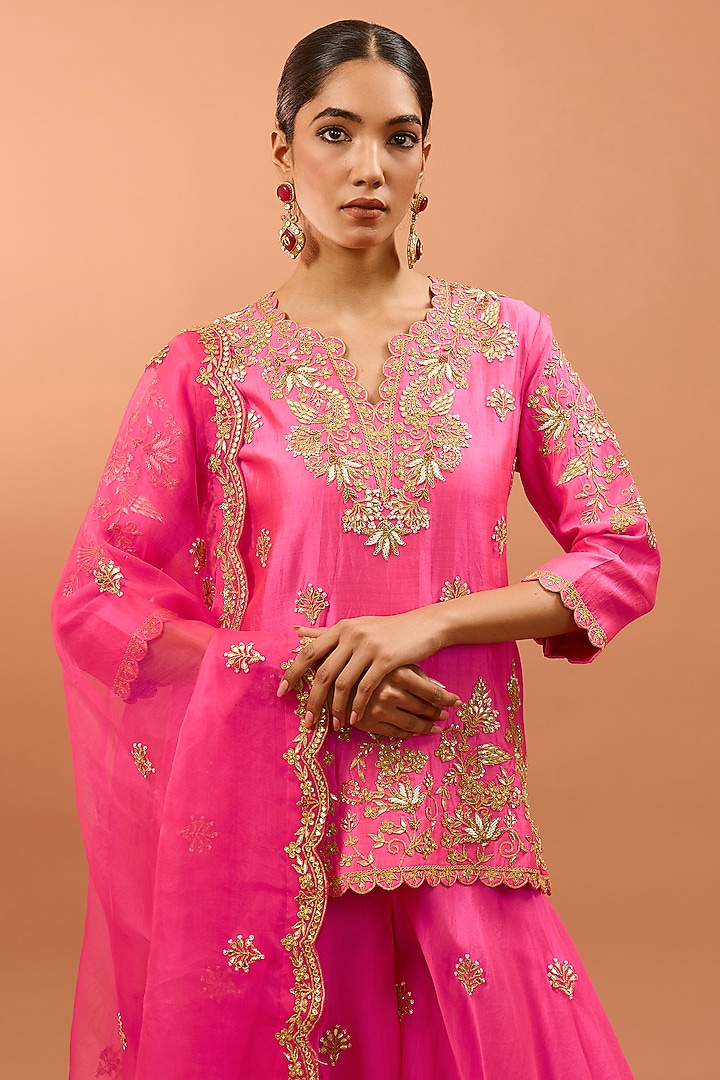 Strawberry Pink Organza Wedding Sharara Set by SURBHI SHAH at Pernia's Pop Up Shop