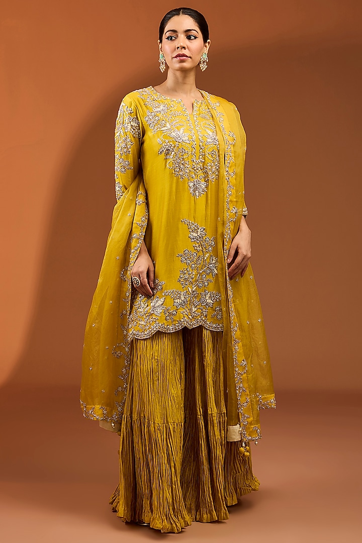 Yellow Pure Banarasi Chanderi Crushed Wedding Sharara Set by SURBHI SHAH at Pernia's Pop Up Shop