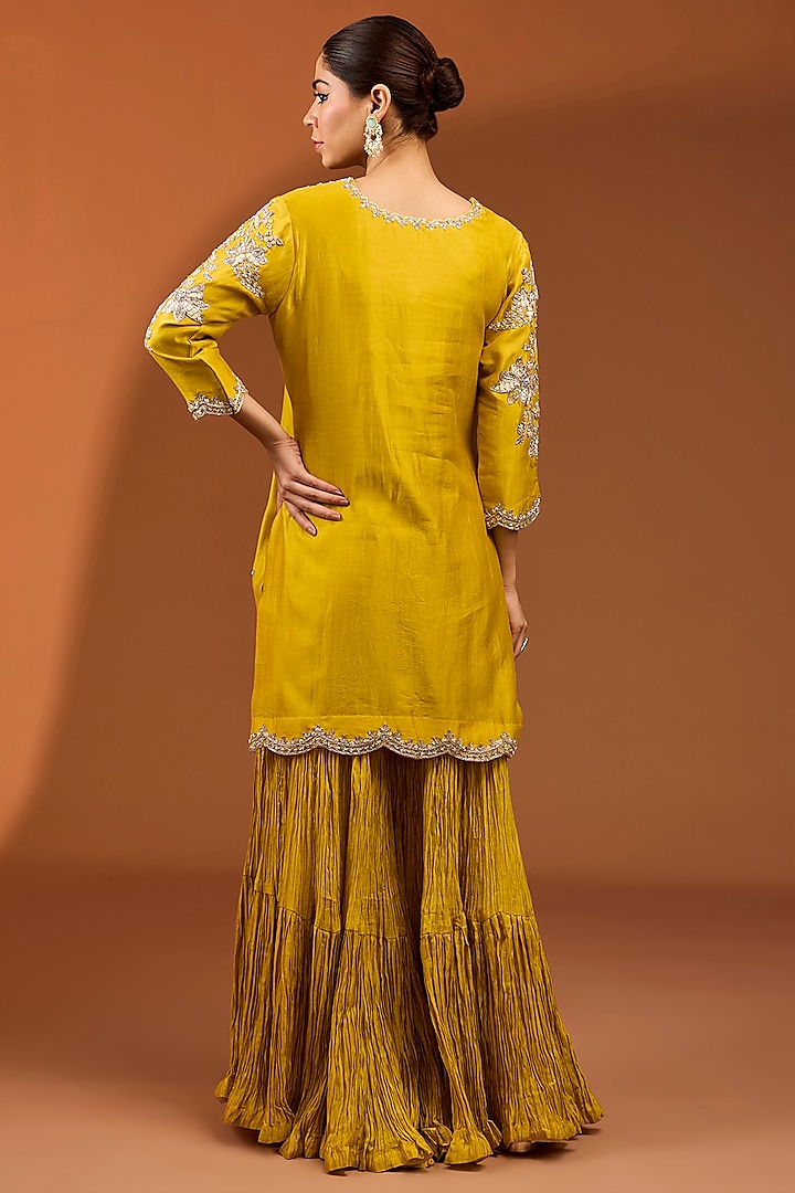 Yellow Pure Banarasi Chanderi Crushed Wedding Sharara Set by SURBHI SHAH at Pernia's Pop Up Shop