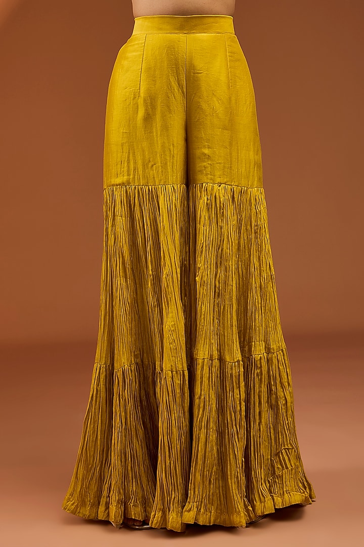 Yellow Pure Banarasi Chanderi Crushed Wedding Sharara Set by SURBHI SHAH at Pernia's Pop Up Shop