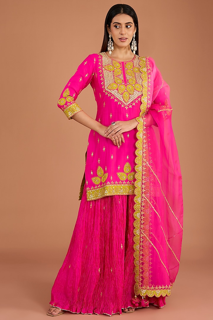 Hot Pink Kora Silk Sharara Set by SURBHI SHAH at Pernia's Pop Up Shop