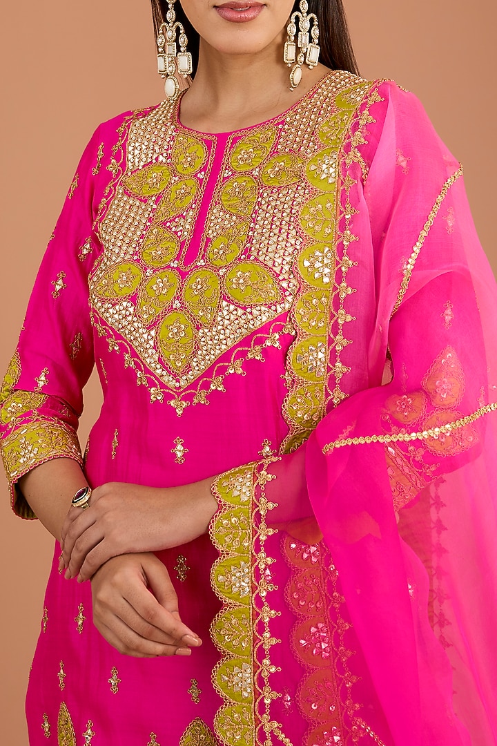 Hot Pink Kora Silk Wedding Sharara Set by SURBHI SHAH at Pernia's Pop Up Shop