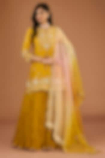 Mustard Kora Silk Crushed Skirt Set by SURBHI SHAH