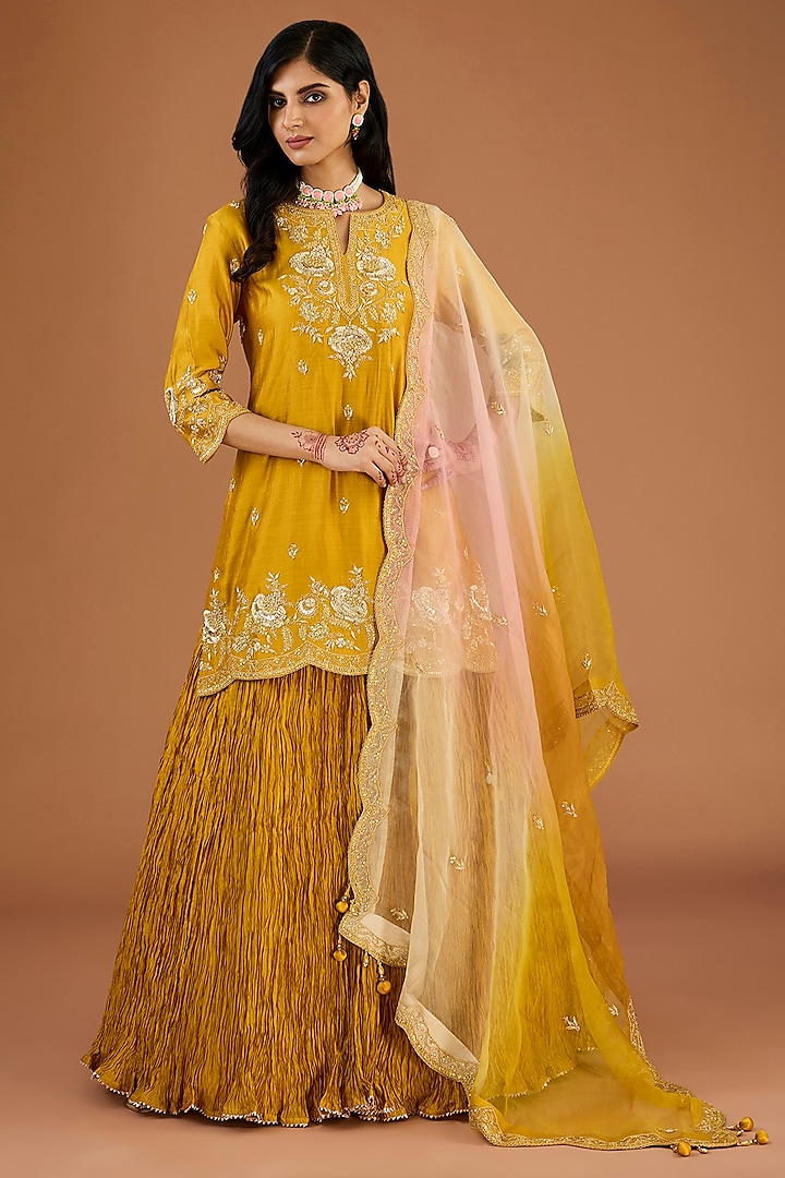 Mustard Kora Silk Crushed Skirt Set by SURBHI SHAH