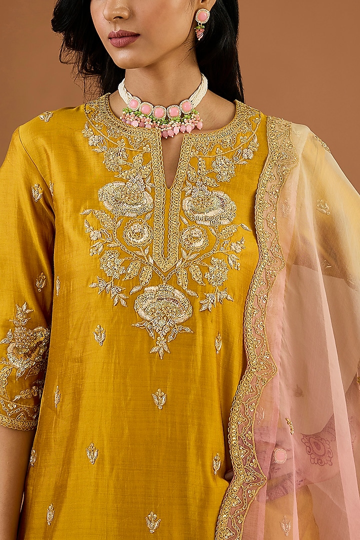 Mustard Kora Silk Crushed Skirt Set by SURBHI SHAH at Pernia's Pop Up Shop