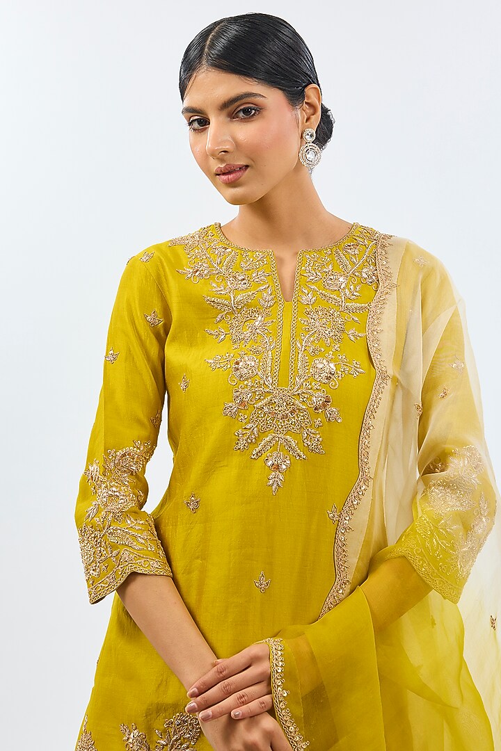 Lime Pure Spun Silk Pearl Work Kurta Set by SURBHI SHAH at Pernia's Pop Up Shop