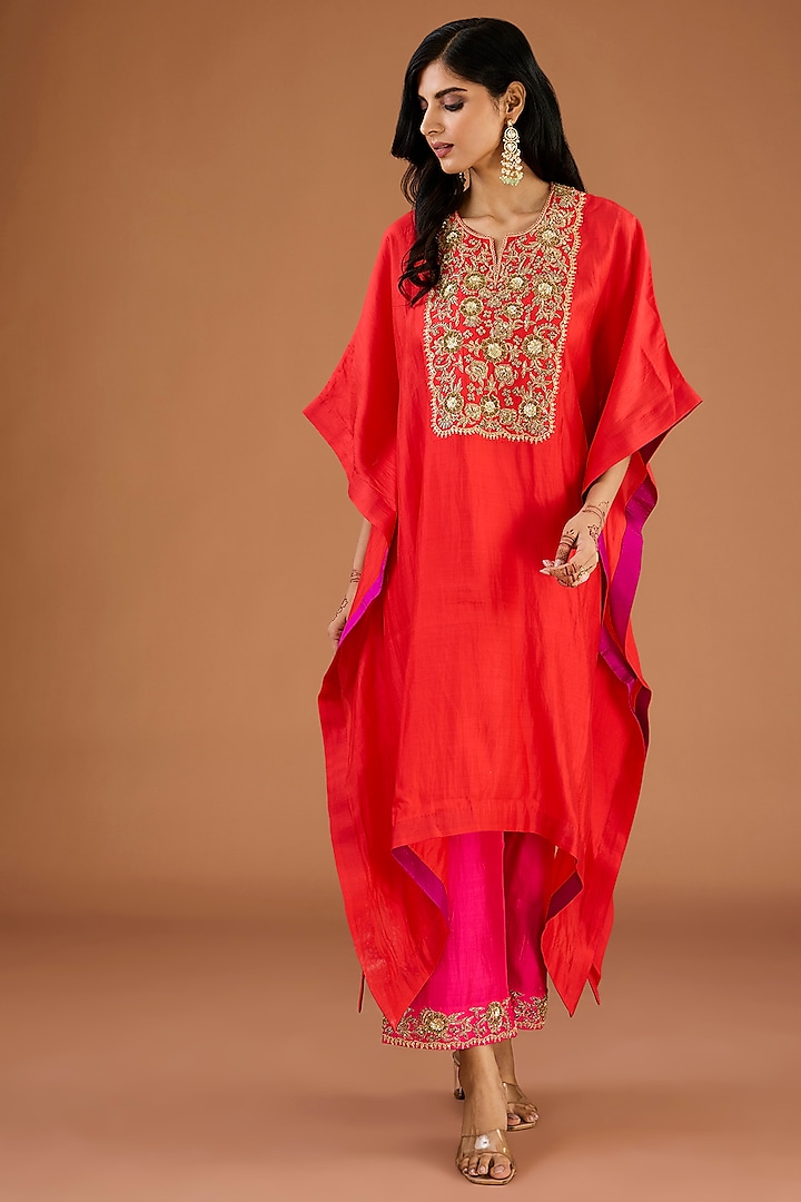 Orange Spun Silk Zardosi Work Kaftan Set by SURBHI SHAH at Pernia's Pop Up Shop