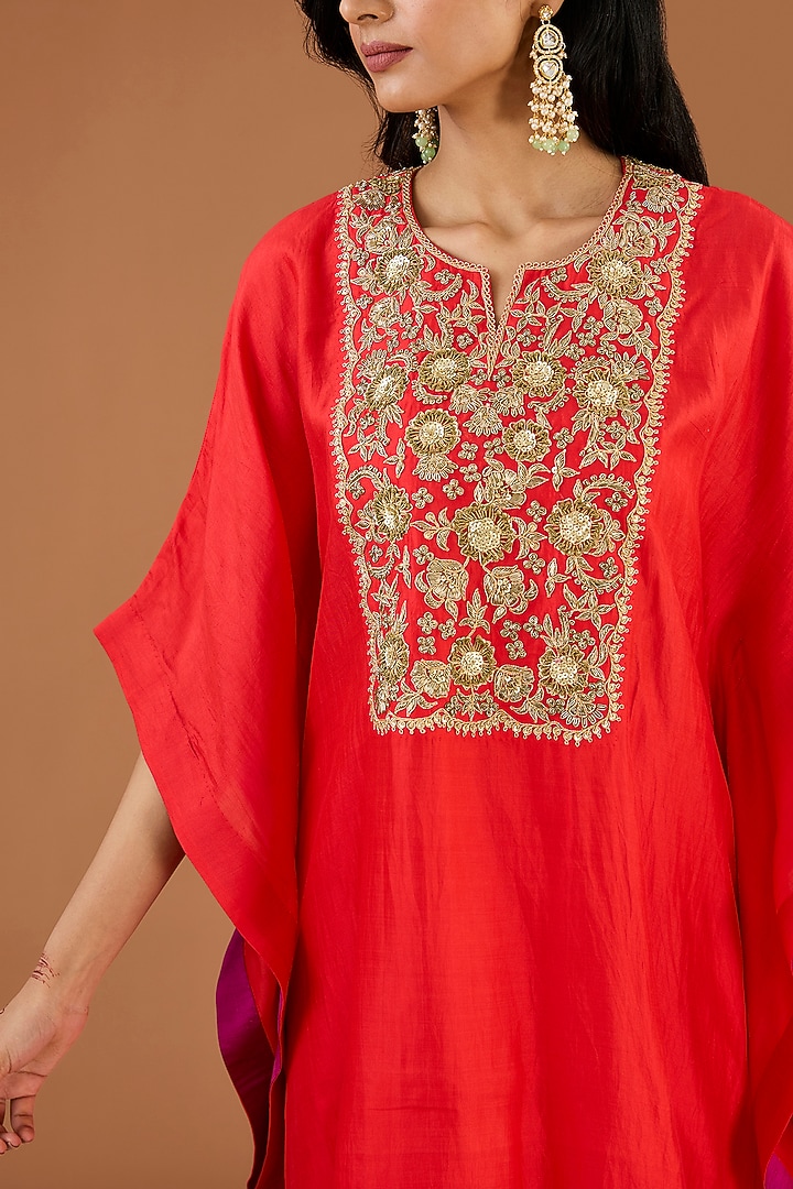 Orange Spun Silk Zardosi Work Kaftan Set by SURBHI SHAH at Pernia's Pop Up Shop