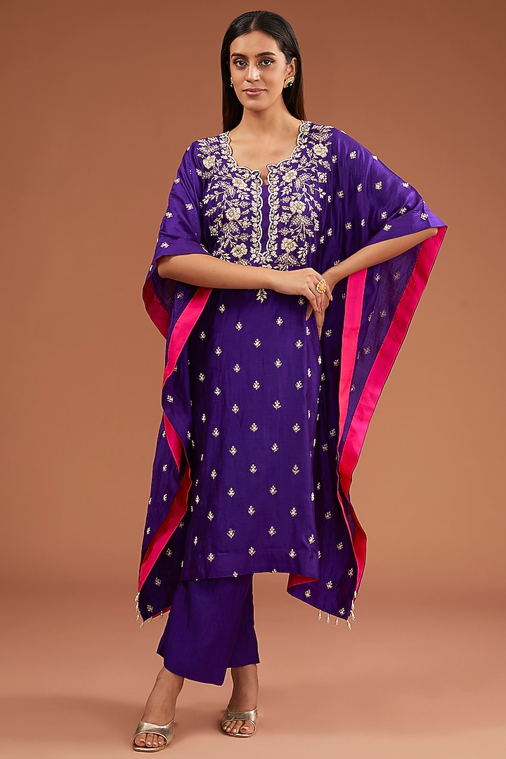 Purple Spun Silk Pearl Work Kaftan Set by SURBHI SHAH at Pernia's Pop Up Shop