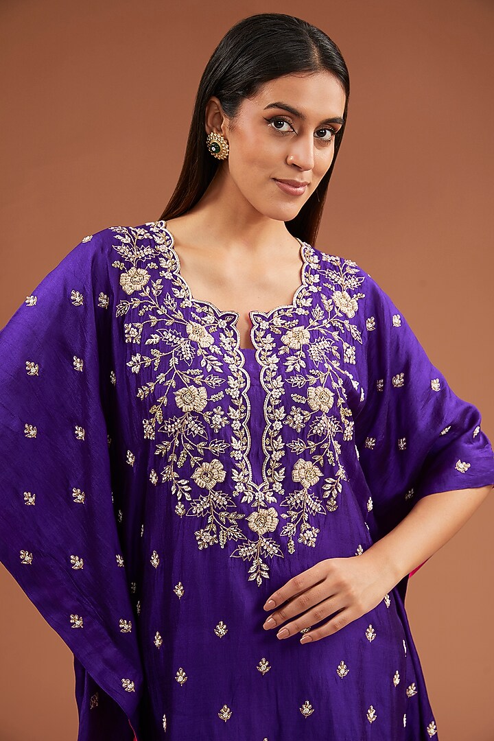 Purple Spun Silk Pearl Work Kaftan Set by SURBHI SHAH at Pernia's Pop Up Shop