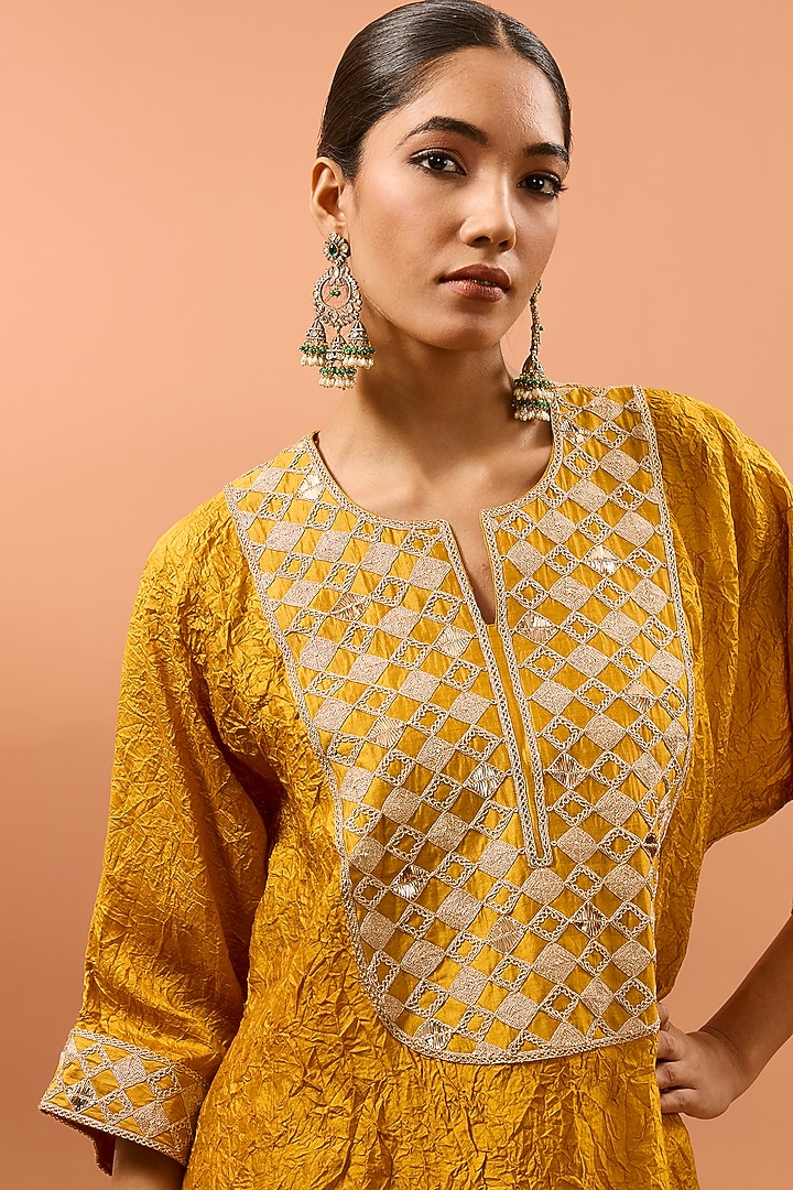 Mustard Pure Spun Silk Zardosi Work Kaftan Set by SURBHI SHAH at Pernia's Pop Up Shop