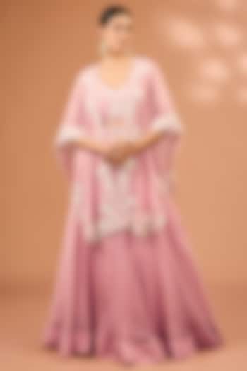 Pink Organza Pearl Work Handcrafted Cape Set by SURBHI SHAH at Pernia's Pop Up Shop