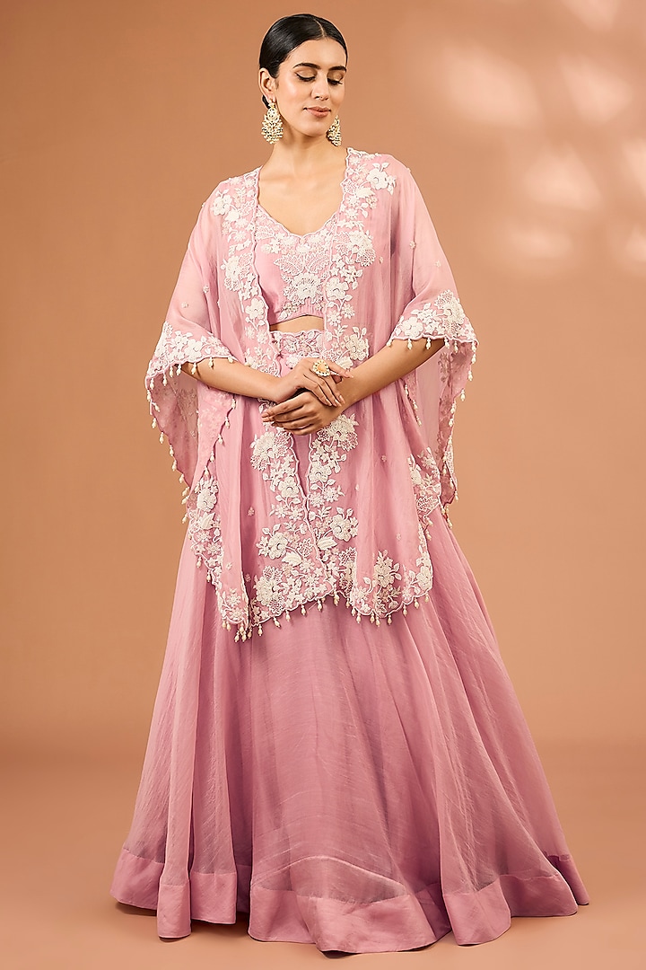 Pink Organza Pearl Work Handcrafted Cape Set by SURBHI SHAH at Pernia's Pop Up Shop
