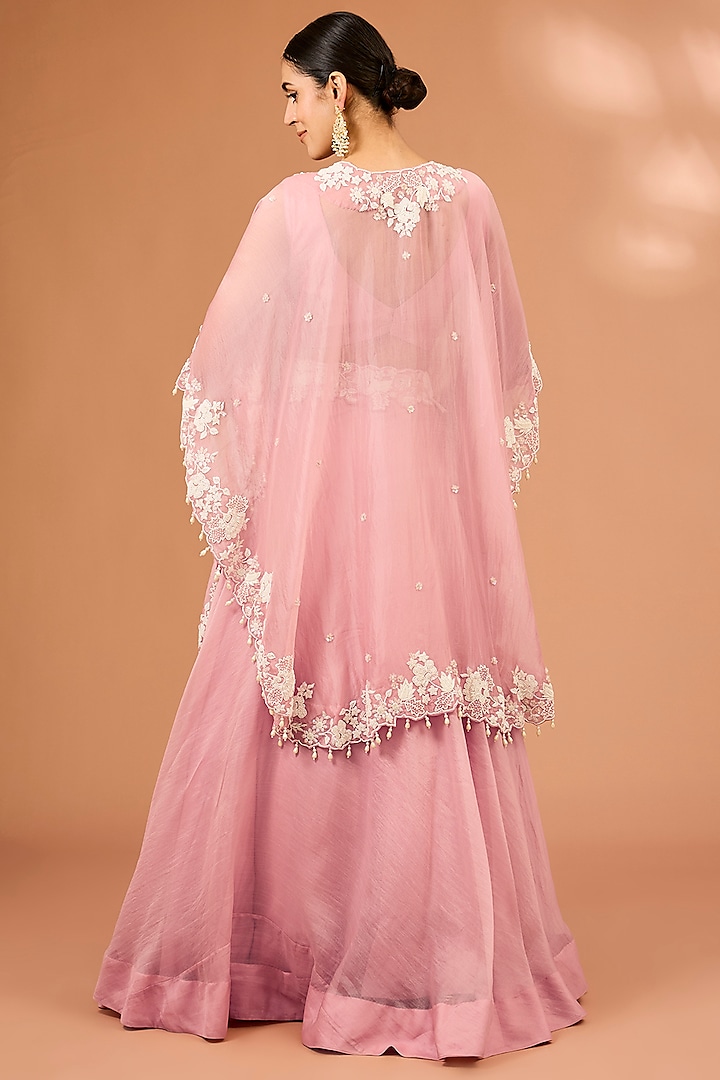 Pink Organza Pearl Work Handcrafted Cape Set by SURBHI SHAH at Pernia's Pop Up Shop
