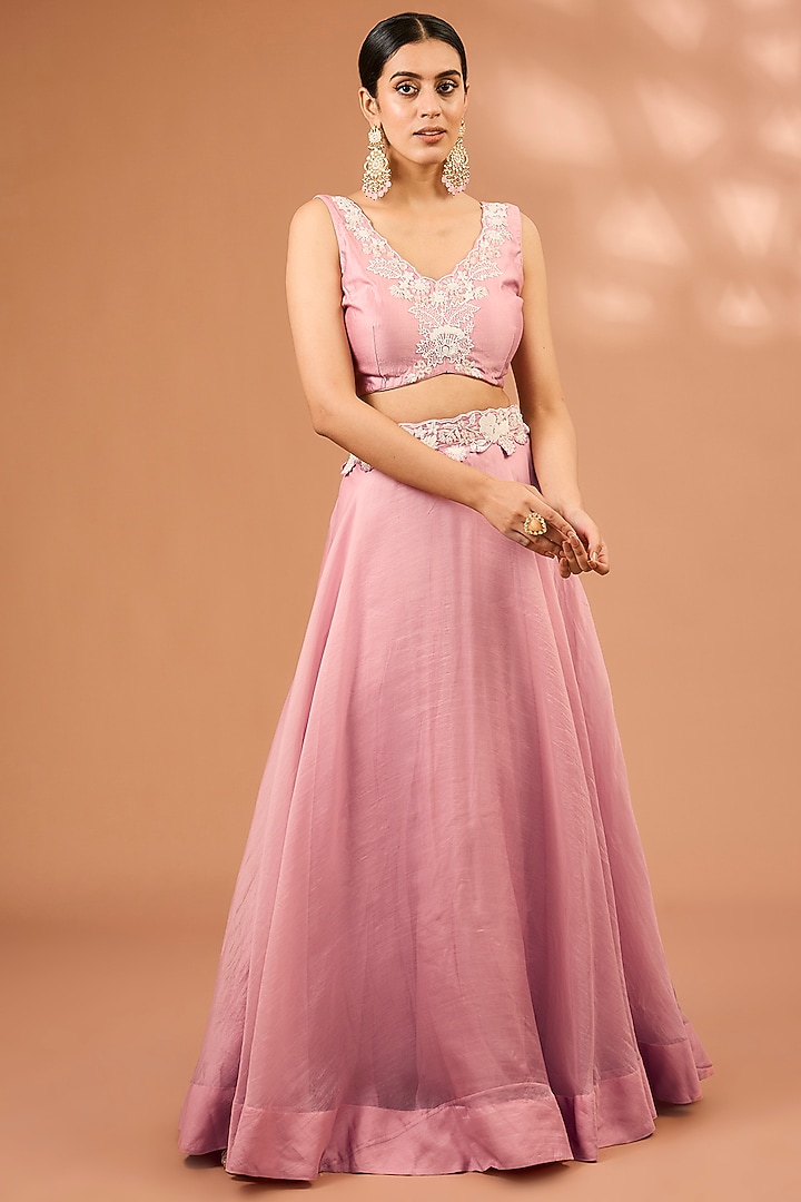 Pink Organza Pearl Work Handcrafted Cape Set by SURBHI SHAH at Pernia's Pop Up Shop