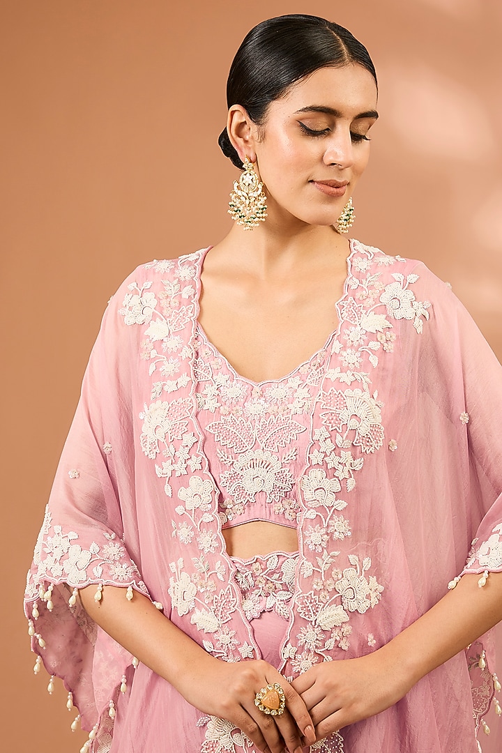 Pink Organza Pearl Work Handcrafted Cape Set by SURBHI SHAH at Pernia's Pop Up Shop