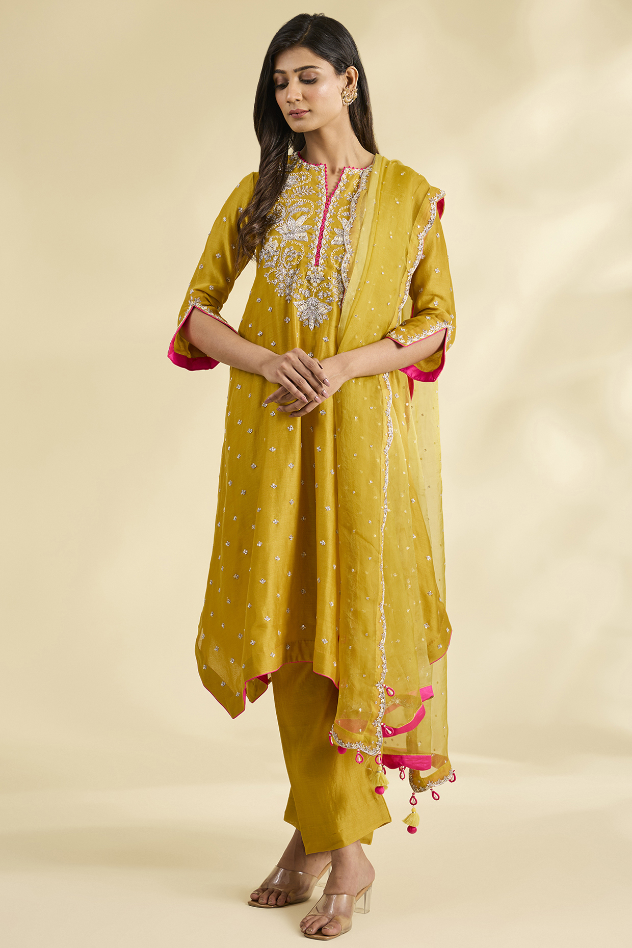 Yellow Chanderi Zardosi Work Kurta Set by SURBHI SHAH at Pernia's Pop Up Shop