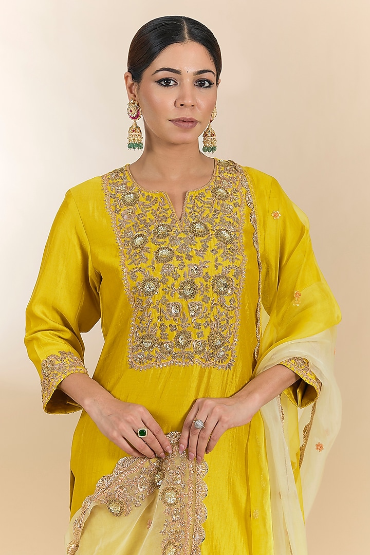 Lime Spun Silk Zardosi Work Kurta Set by SURBHI SHAH at Pernia's Pop Up Shop