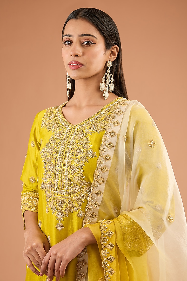 Lime Spun Silk Kurta Set by SURBHI SHAH at Pernia's Pop Up Shop