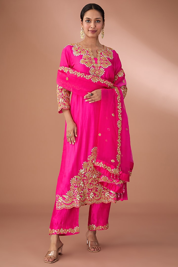 Hot Pink Pure Spun Silk Kurta Set by SURBHI SHAH at Pernia's Pop Up Shop