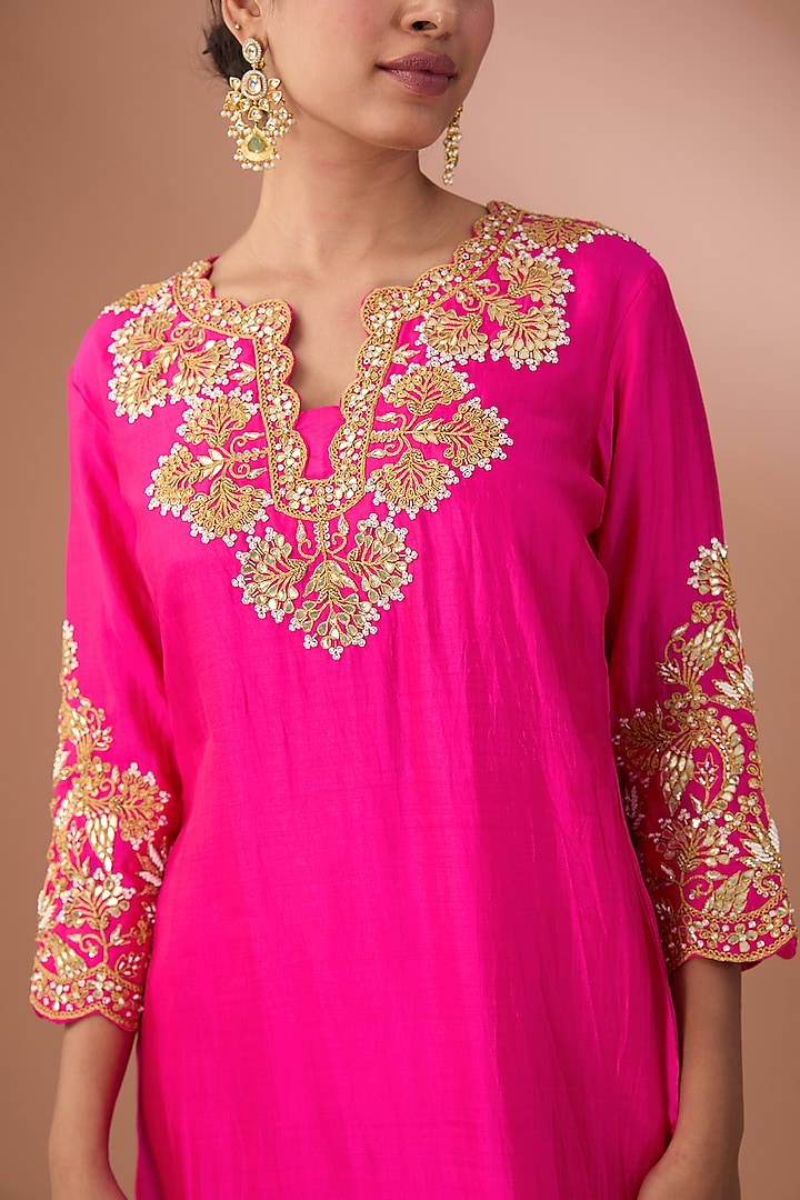 Hot Pink Pure Spun Silk Kurta Set by SURBHI SHAH at Pernia's Pop Up Shop