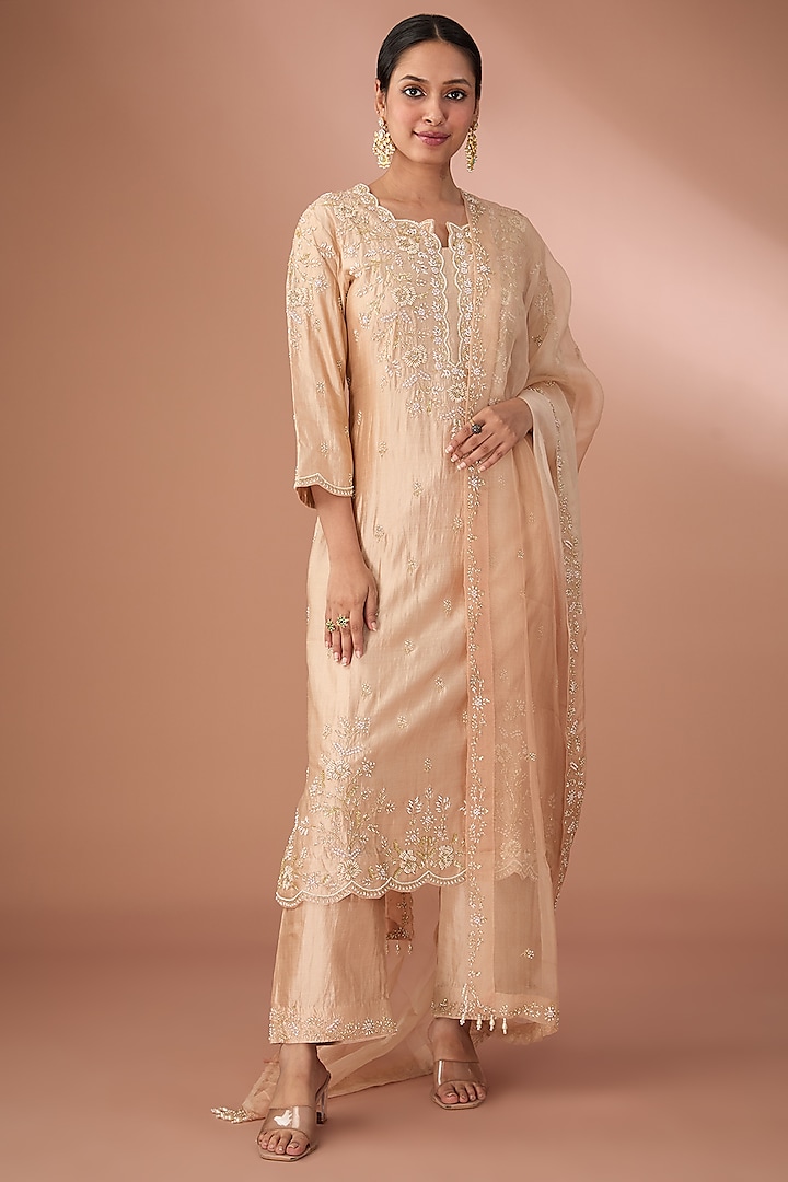 Champagne Pure Spun Silk Kurta Set by SURBHI SHAH at Pernia's Pop Up Shop