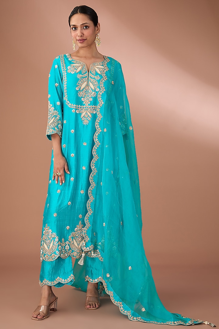 Turquoise Pure Spun Silk Kurta Set by SURBHI SHAH at Pernia's Pop Up Shop