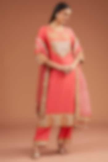 Coral Spun Silk Marori Gota Patch Work Kurta Set by SURBHI SHAH at Pernia's Pop Up Shop