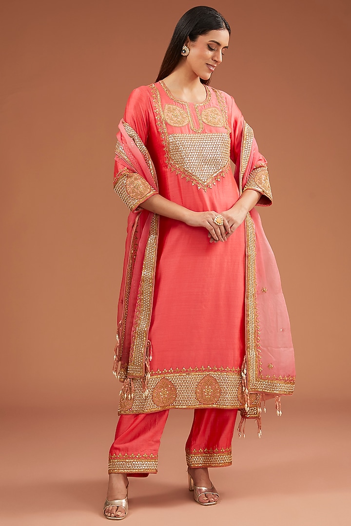 Coral Spun Silk Marori Gota Patch Work Kurta Set by SURBHI SHAH at Pernia's Pop Up Shop