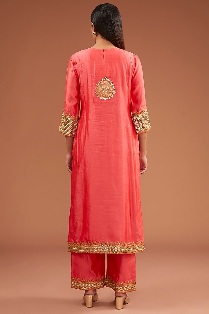 Coral Spun Silk Marori Gota Patch Work Kurta Set by SURBHI SHAH at Pernia's Pop Up Shop