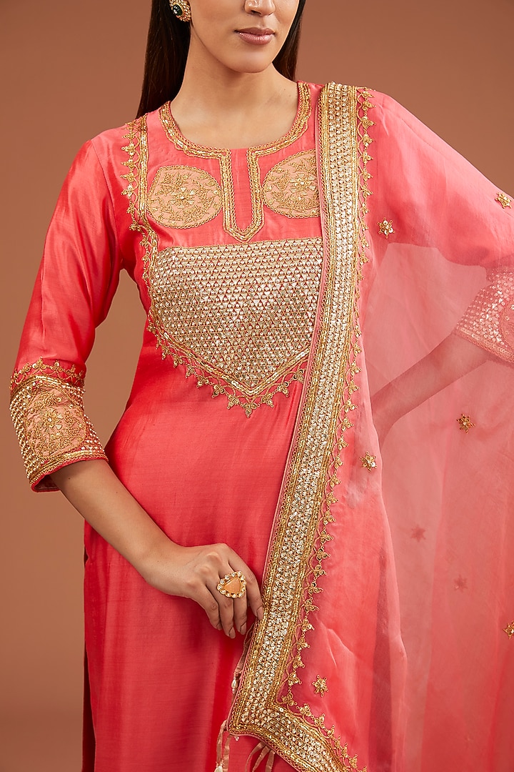 Coral Spun Silk Marori Gota Patch Work Kurta Set by SURBHI SHAH at Pernia's Pop Up Shop