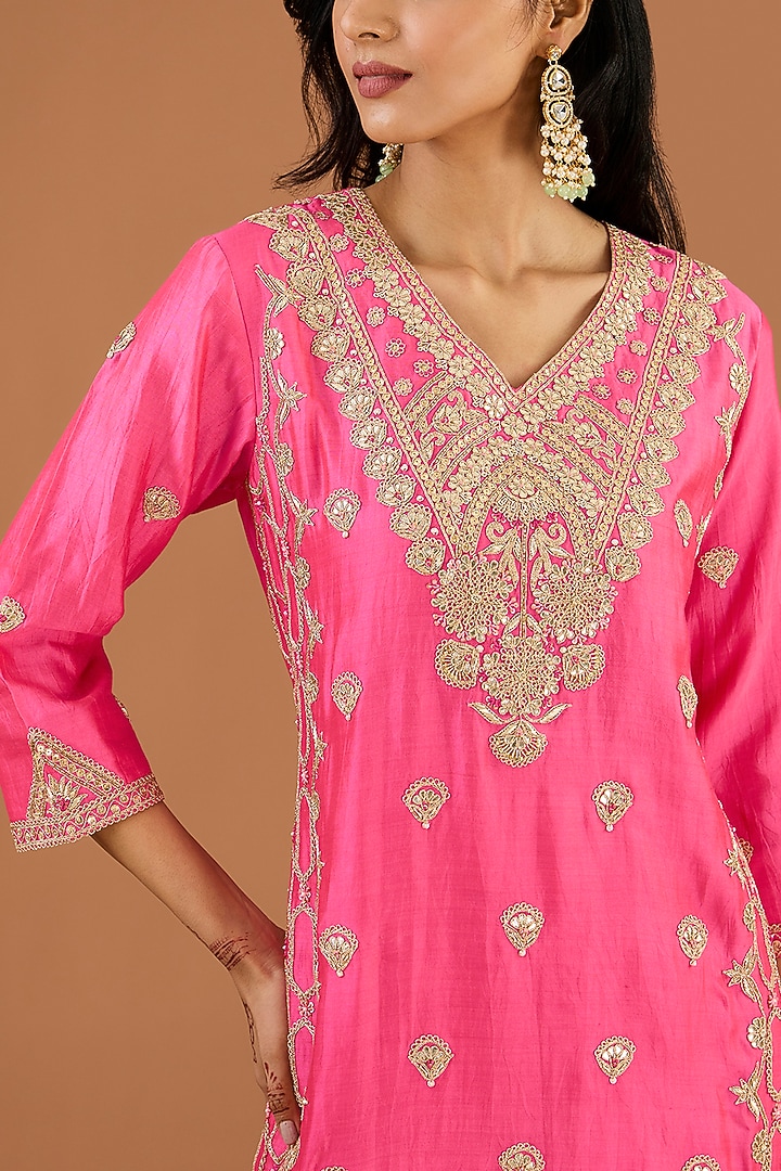 Strawberry Pink Pure Spun Silk Cutdana Work Kurta Set by SURBHI SHAH at Pernia's Pop Up Shop