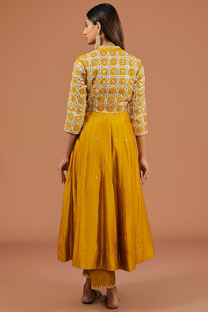 Mustard Yellow Spun Silk Angrakha Wedding Anarkali Set by SURBHI SHAH at Pernia's Pop Up Shop
