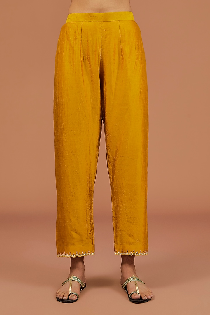 Mustard Yellow Spun Silk Angrakha Wedding Anarkali Set by SURBHI SHAH at Pernia's Pop Up Shop