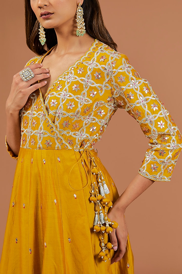 Mustard Yellow Spun Silk Angrakha Wedding Anarkali Set by SURBHI SHAH at Pernia's Pop Up Shop