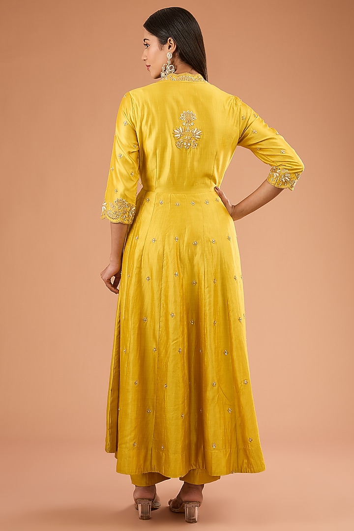 Yellow Spun Silk Angrakha Wedding Anarkali Set by SURBHI SHAH at Pernia's Pop Up Shop