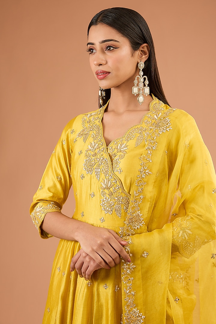 Yellow Spun Silk Angrakha Wedding Anarkali Set by SURBHI SHAH at Pernia's Pop Up Shop
